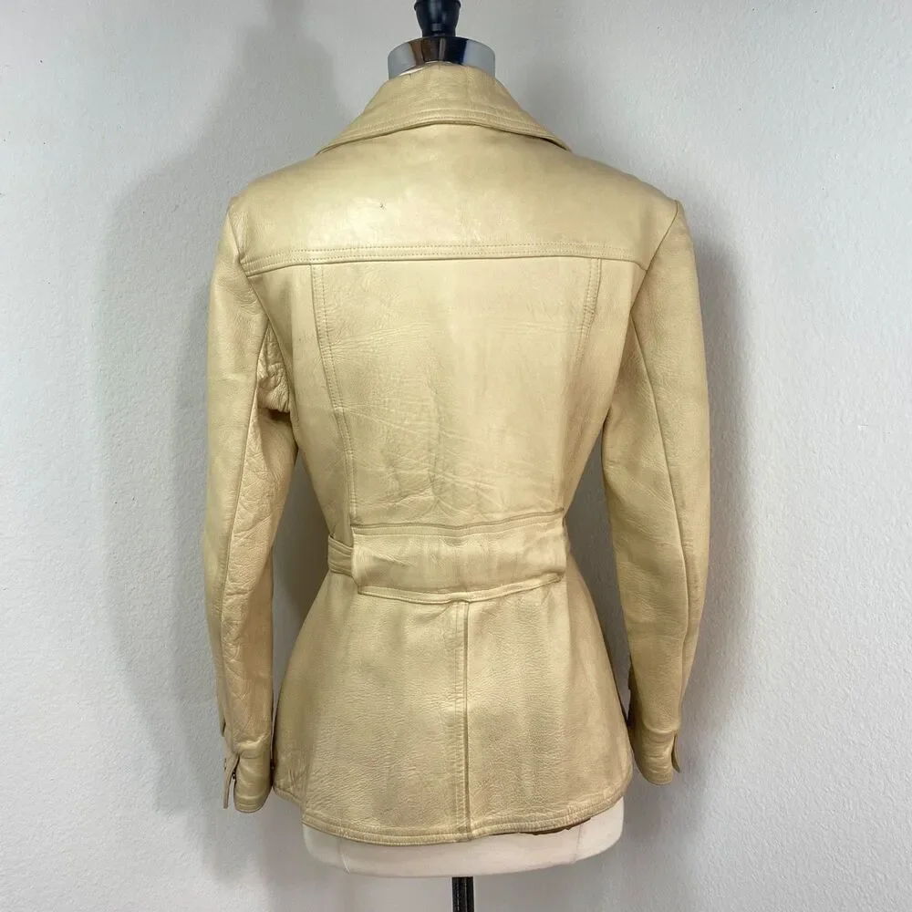Vintage 70 New England Sportswear Trench Beige Leather Jacket 12 Snap Front Belt